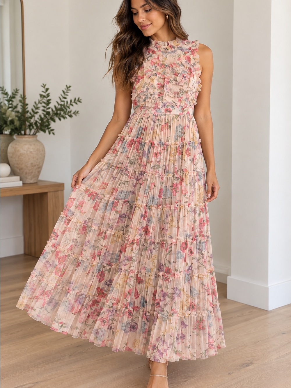 Sundance Floral Ruffle Maxi Dress in Blush and Pink